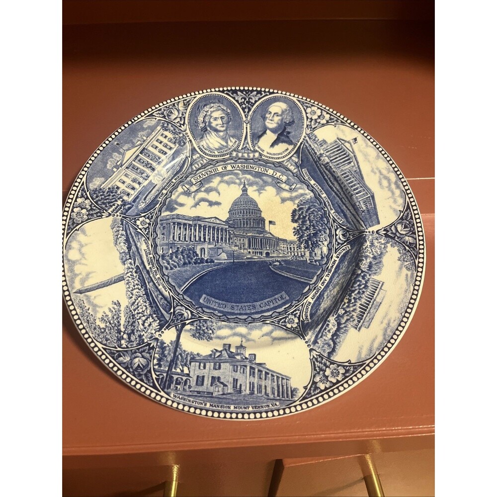 1940's Capitol Souvenir Plate English Staffordshire 10" blue white Washington DC
